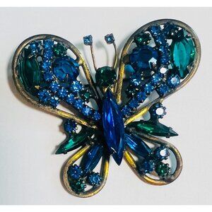Vintage Alice Caviness Rhinestone Butterfly Brooch Pin Blue & Green gold-tone no
